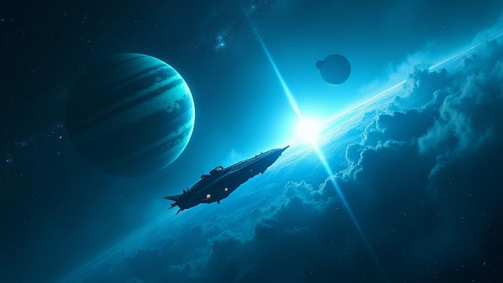 Spaceship Voyage Through a Twinkling Blue Star System