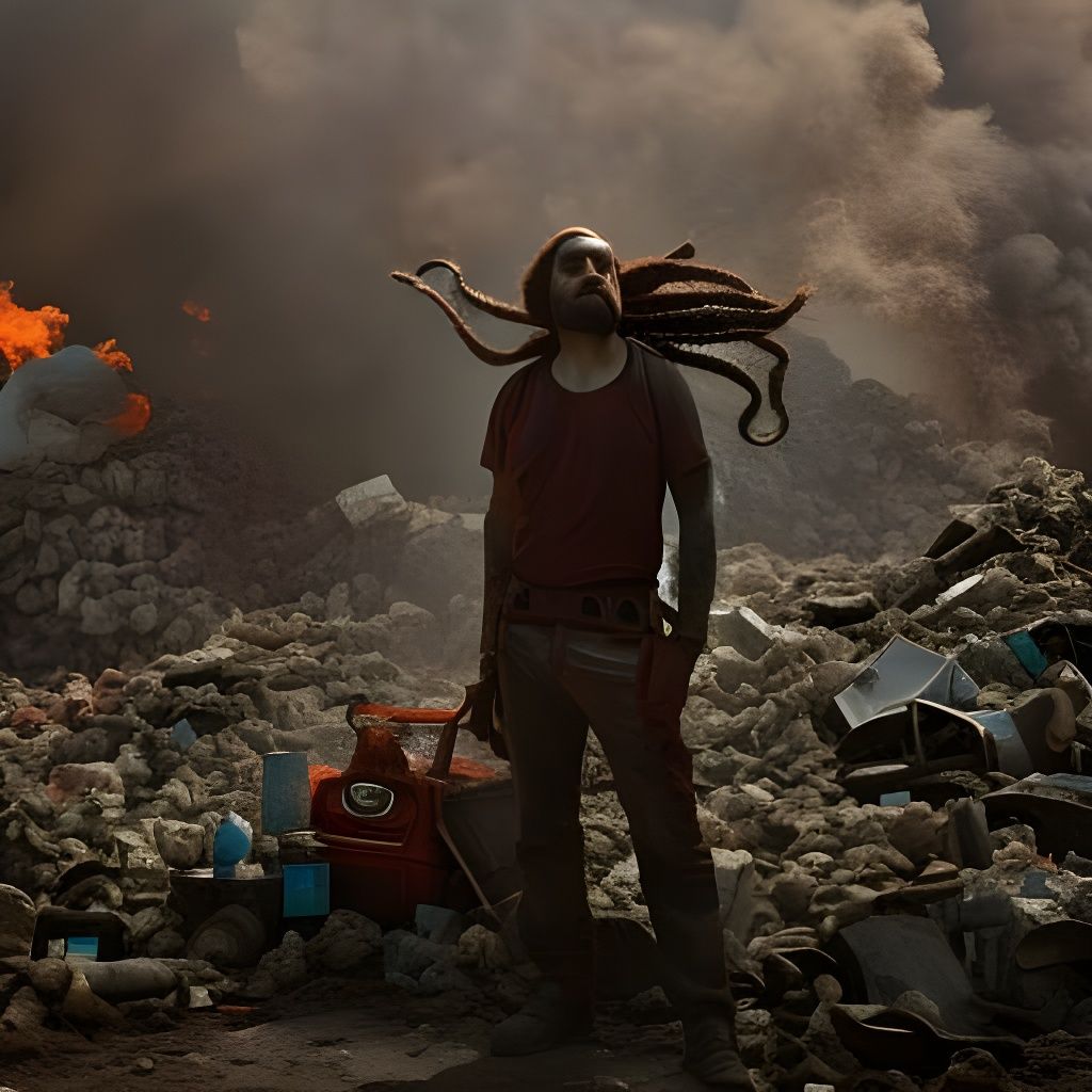 A photograph of a hideous person dressed in a shirt made of live snakes and old hair, standing in front of a backdrop of...