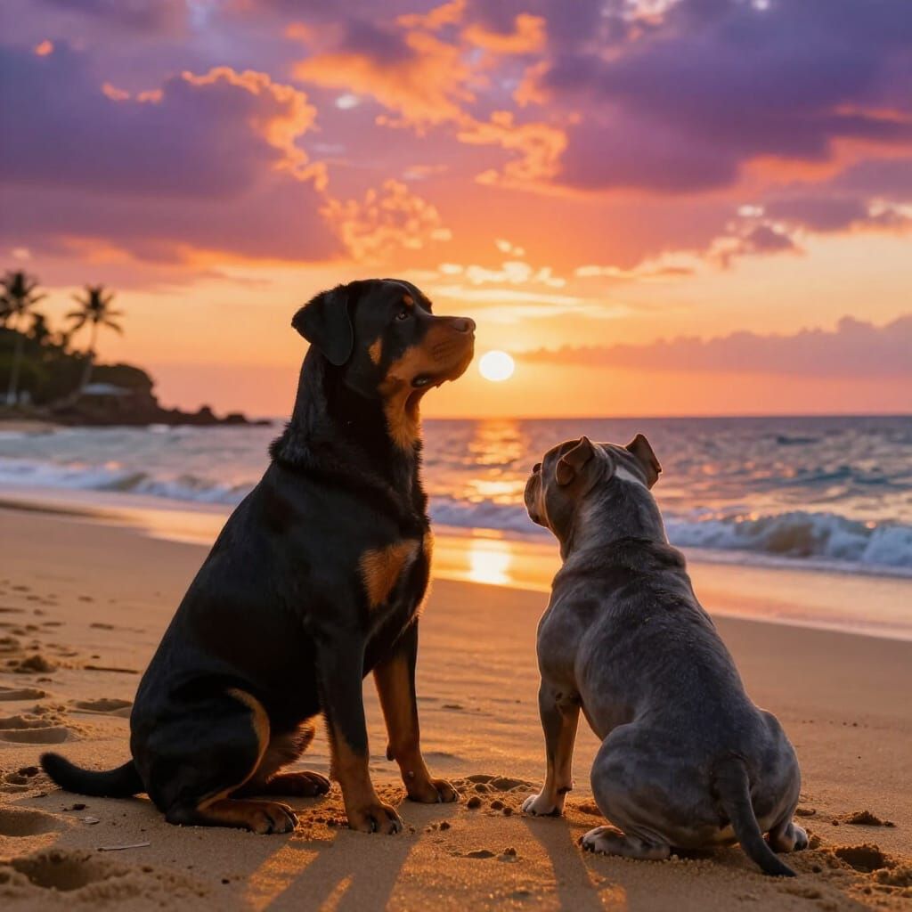 Rottweiler and Blue Bully Watch Grenada Sunset
