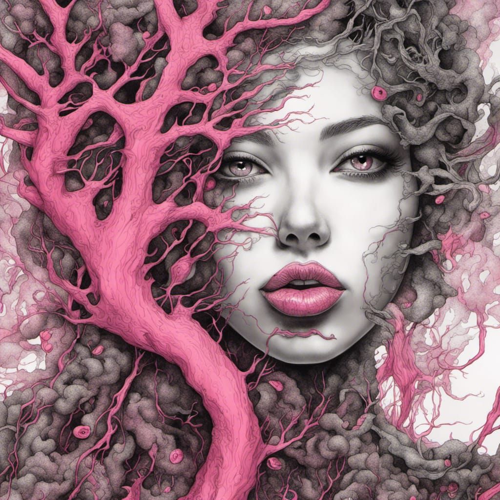 Pink-Eyed Woman with Black Lips in Shin Hanga Style