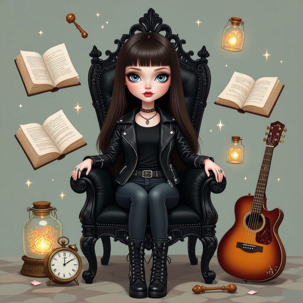 Gothic Pop Surrealist Painting of Doll-like Figure on Throne