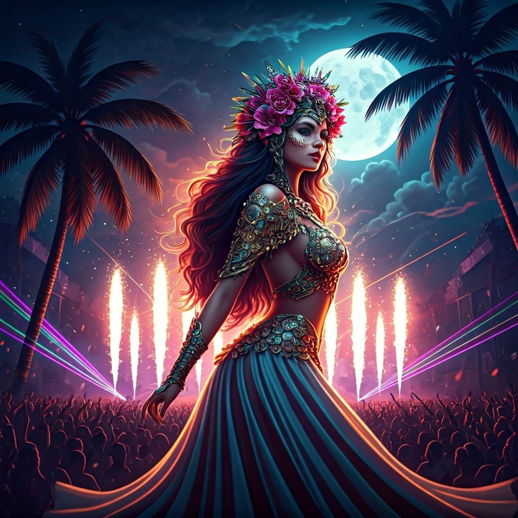 Woman in Ornate Costume at Vibrant Night Music Festival