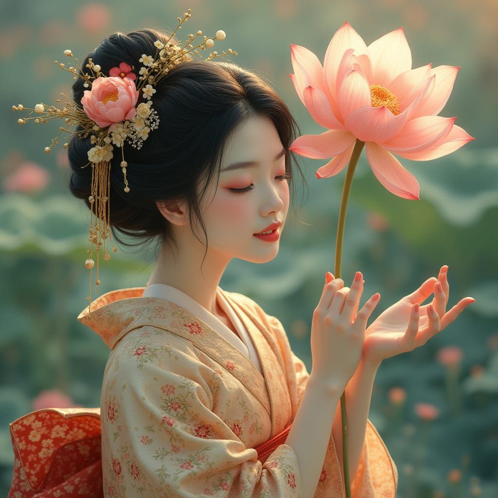 Ethereal Lotus Goddess in Traditional Kimono