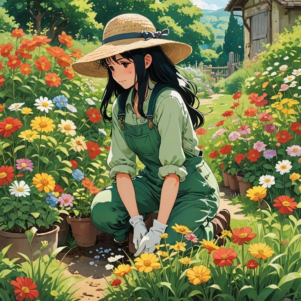 Italian Girl Gardening in Studio Ghibli Style