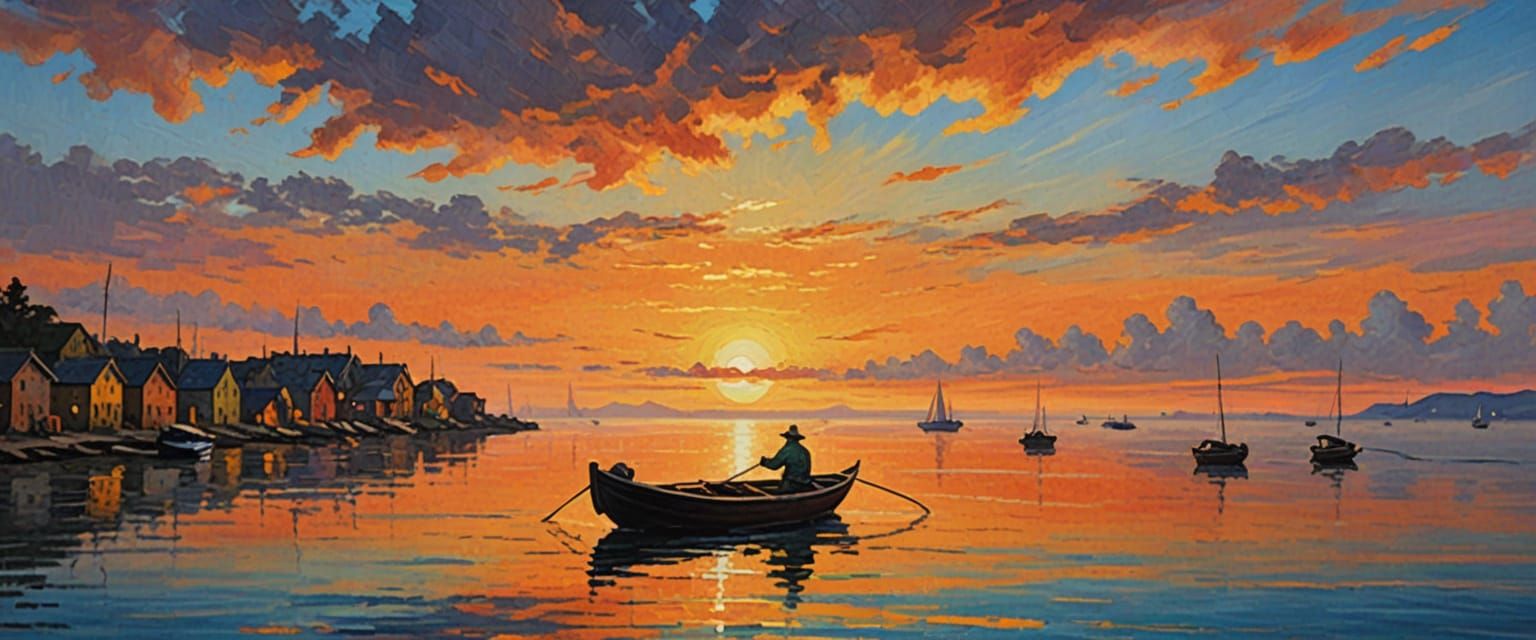 Fisherman's Sunset Reflection in Impressionist Style