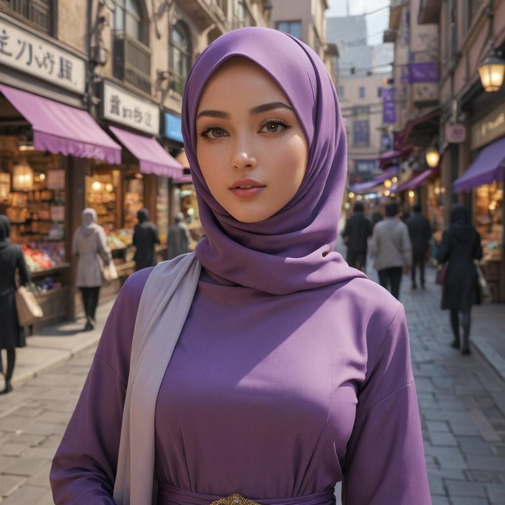 Elegant Woman in Purple Hijab, 3D Anime Art