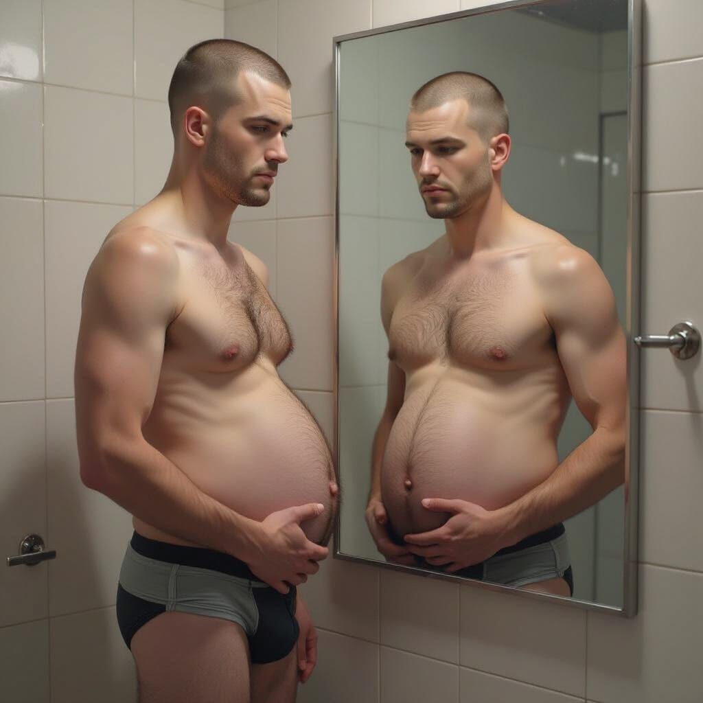Man with Pregnant Belly Gazing in Mirror: Futuristic Realism