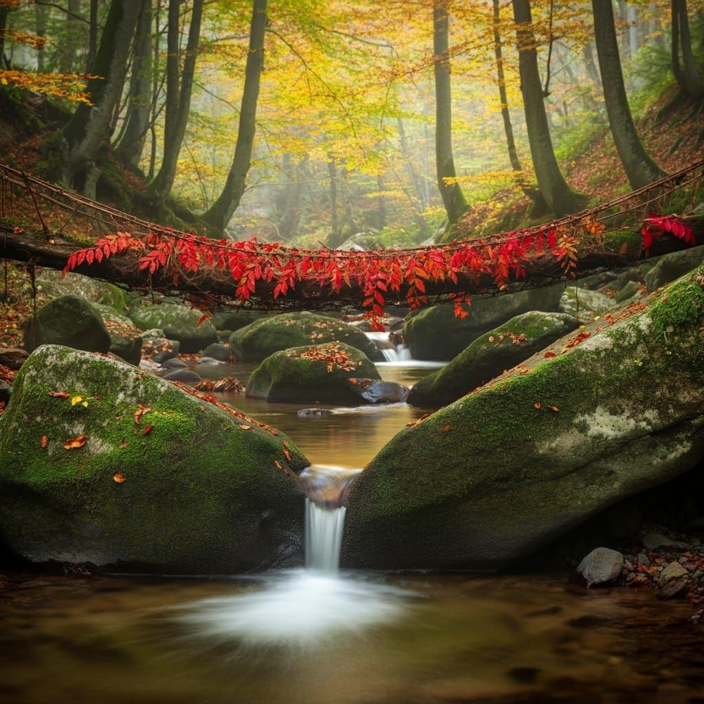 Autumn Beech Forest with Leaf Bridge