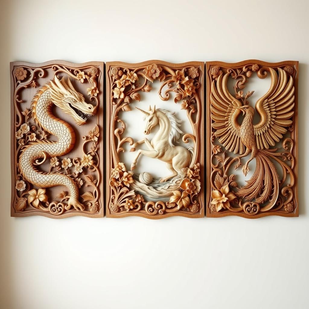 Mythical Creatures Triptych in Grinling Gibbons Style