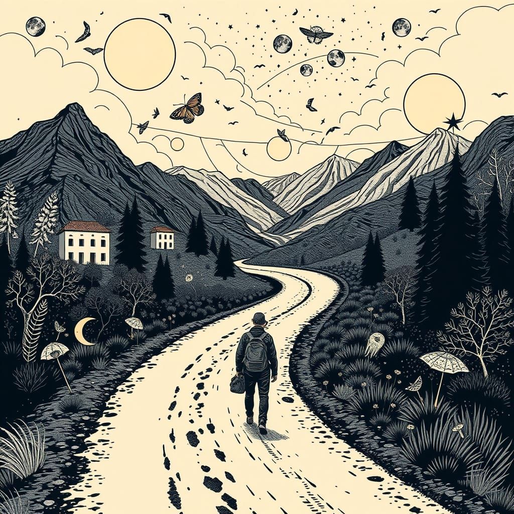 Winding Road: Woodcut and Linocut Style Journey