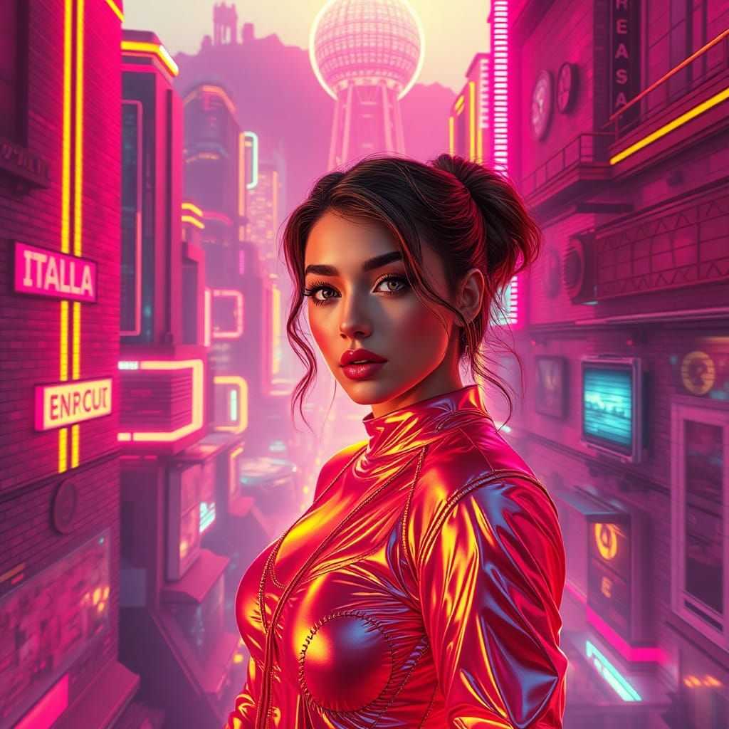 Retro-Futuristic Italian Cityscape with Neon Woman Portrait
