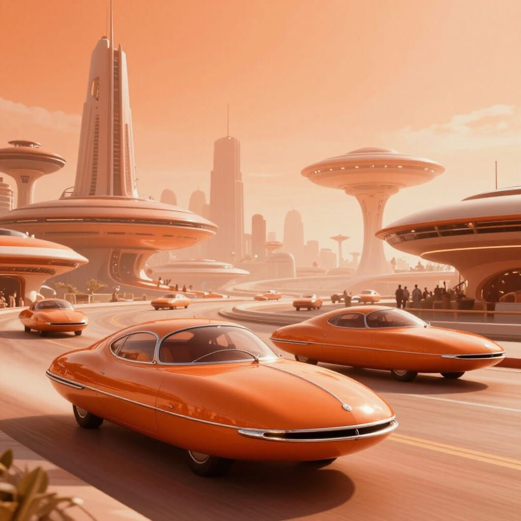 Retro-Futuristic Orange Cityscape with Elegant Vehicles
