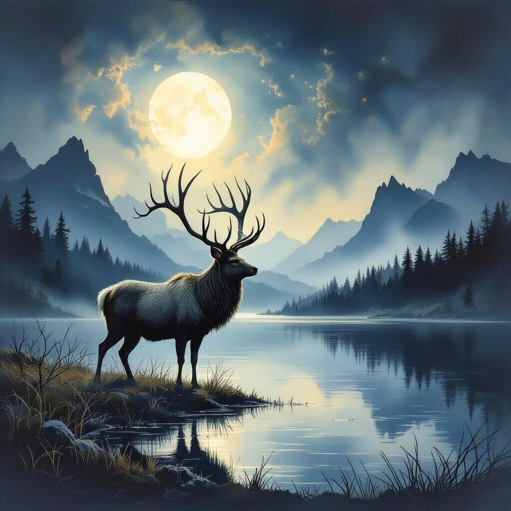 Majestic Stag in Misty Moonlit Lake