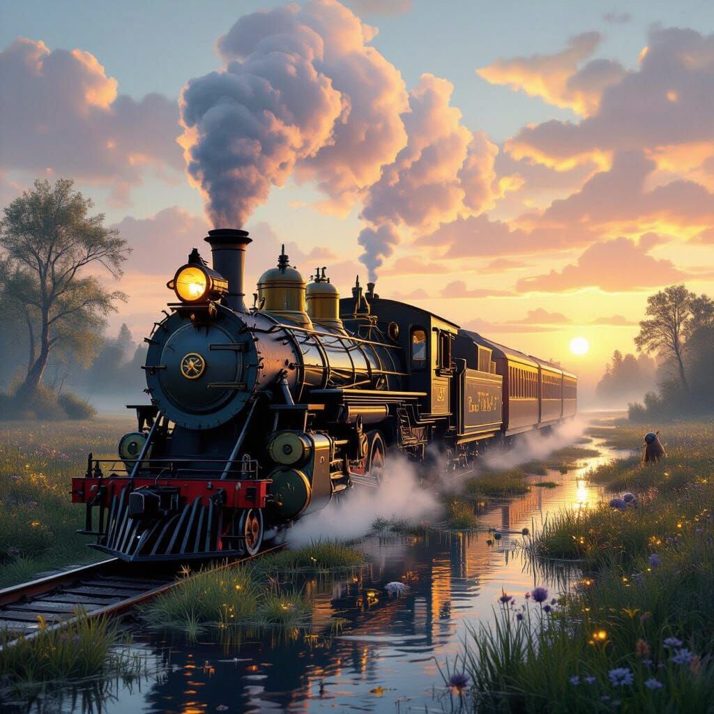 Whimsical Steam Train in Fantastical Marshland at Dawn