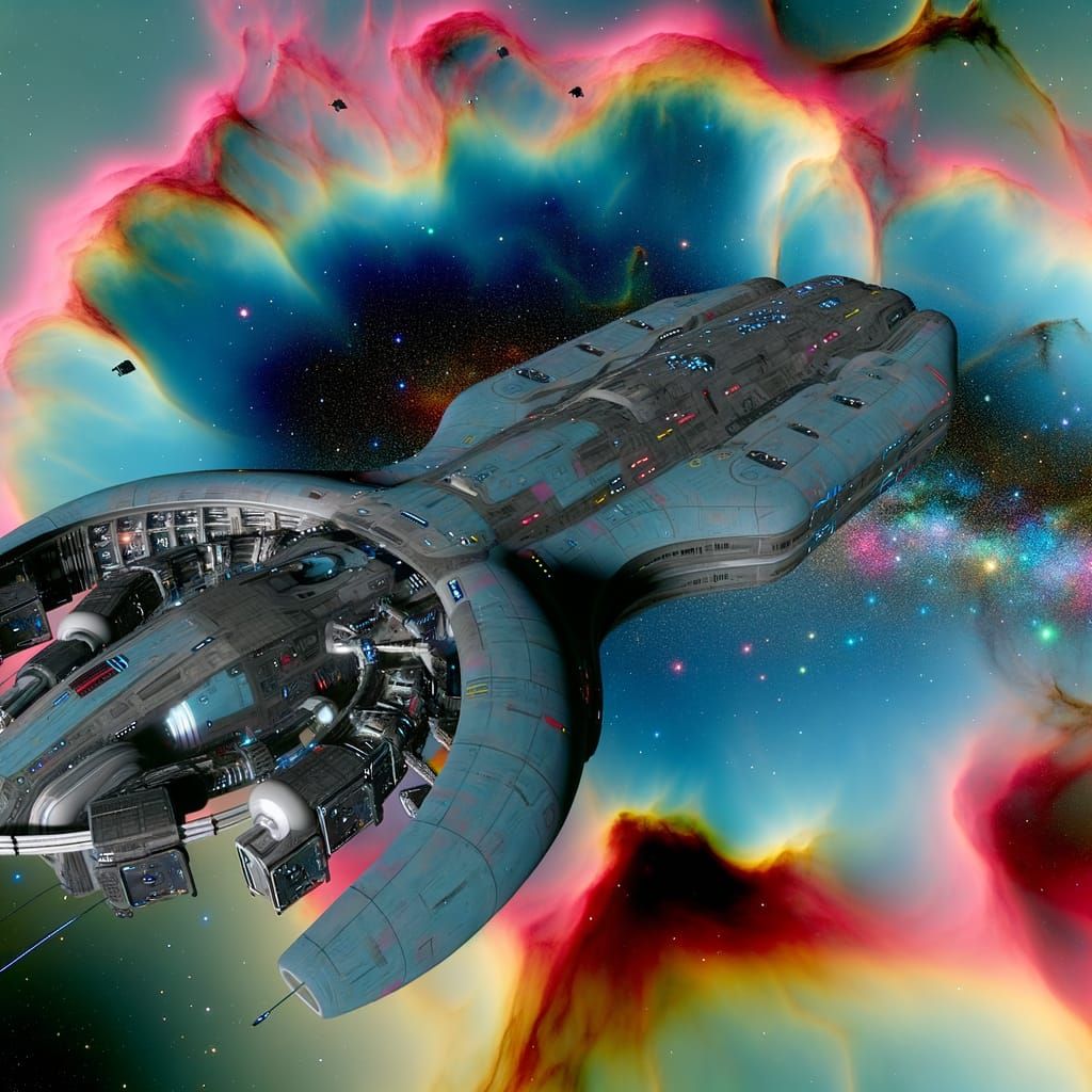 Futuristic Warship Amidst Nebula in Sci-Fi Concept Art