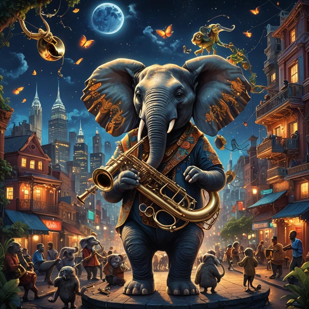 Elephant Jazz Saxophonist in Vibrant Cityscape