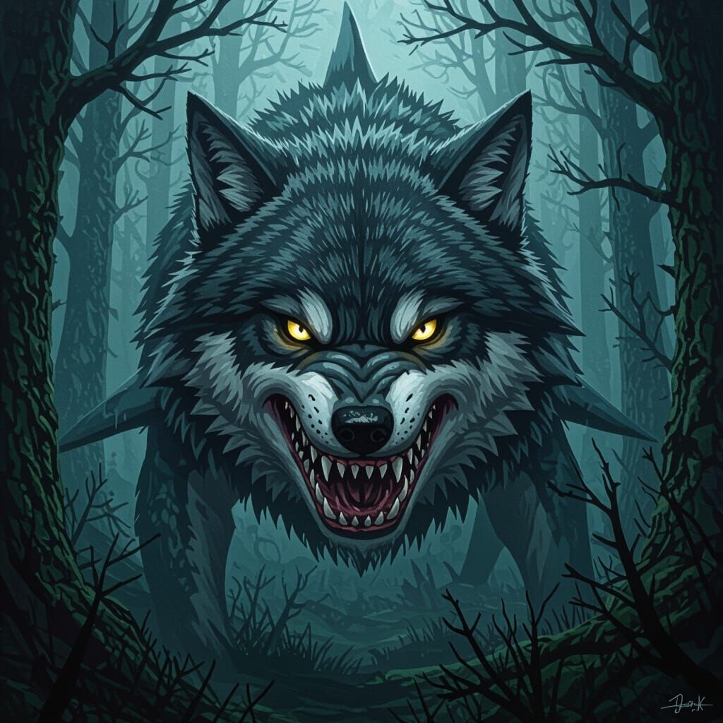 Shark-Wolf Hybrid in Dark Forest, Surrealist Art