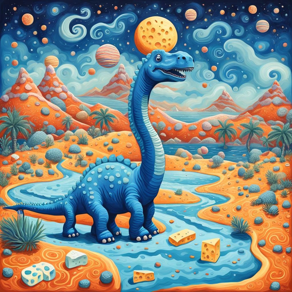 Blue Diplodocus Walks on a Cheese Moon