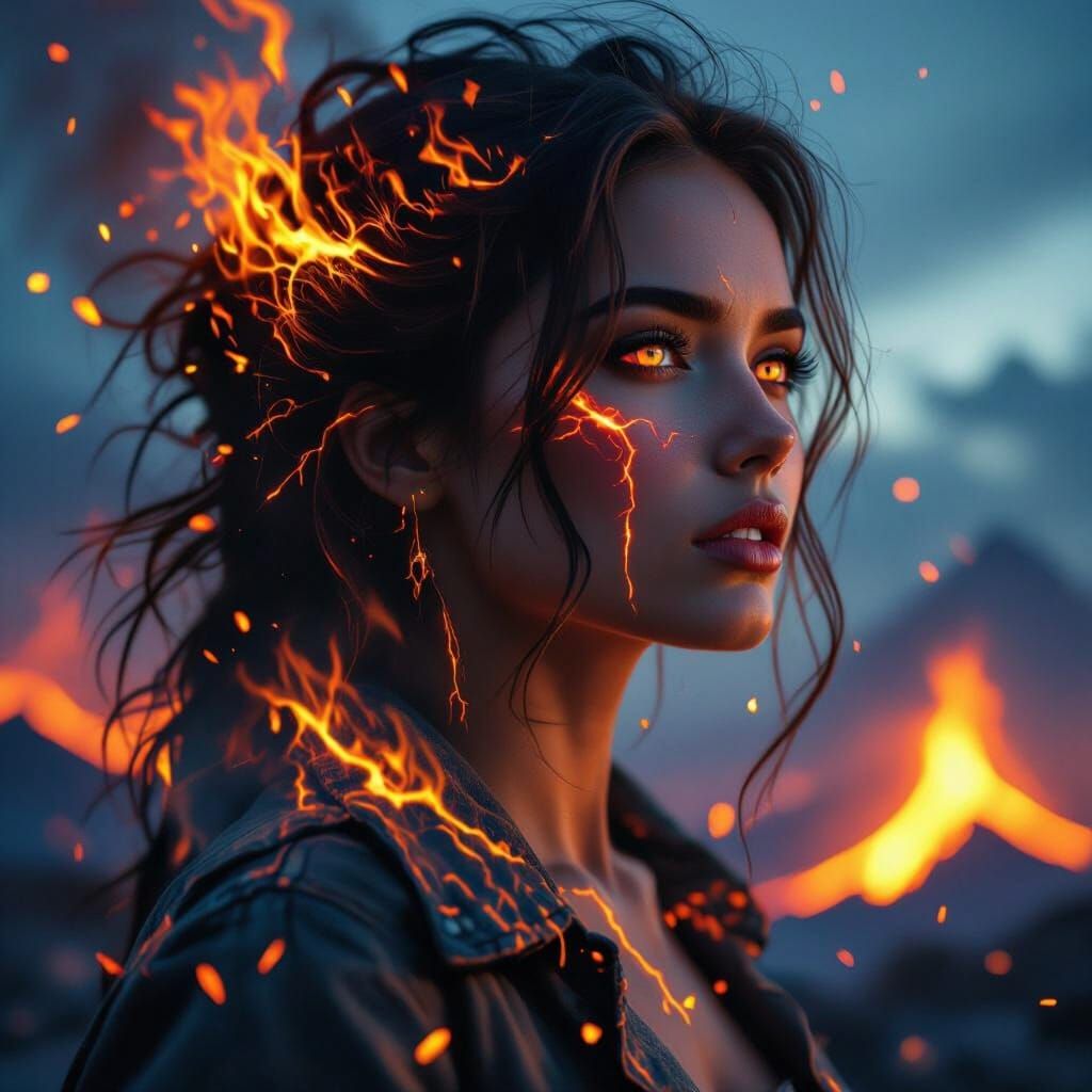 Woman Ablaze: Volcanic Portrait in Dramatic Style