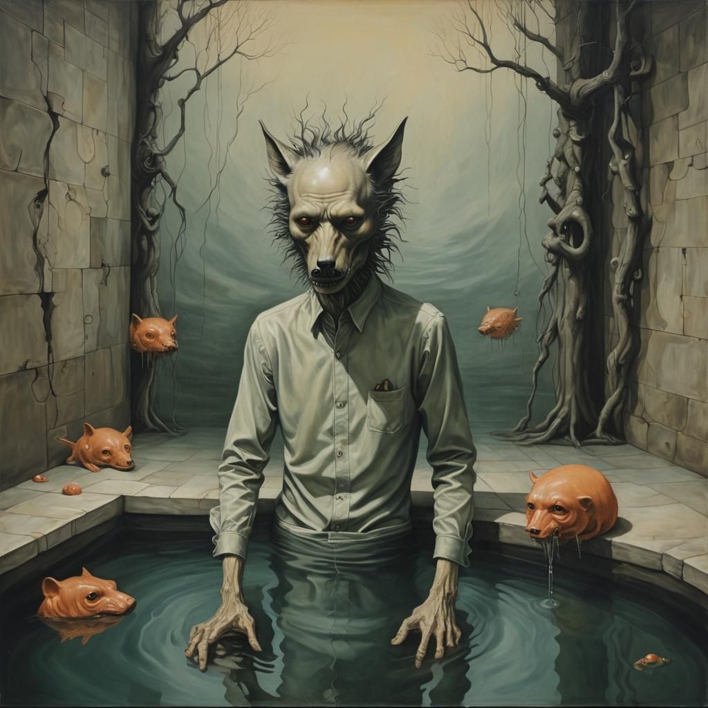 Metaphorical Lycanthrope in Dark Pool, Surreal Gouache