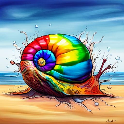 Rainbow Sea Snail on Beach in Graffiti Style
