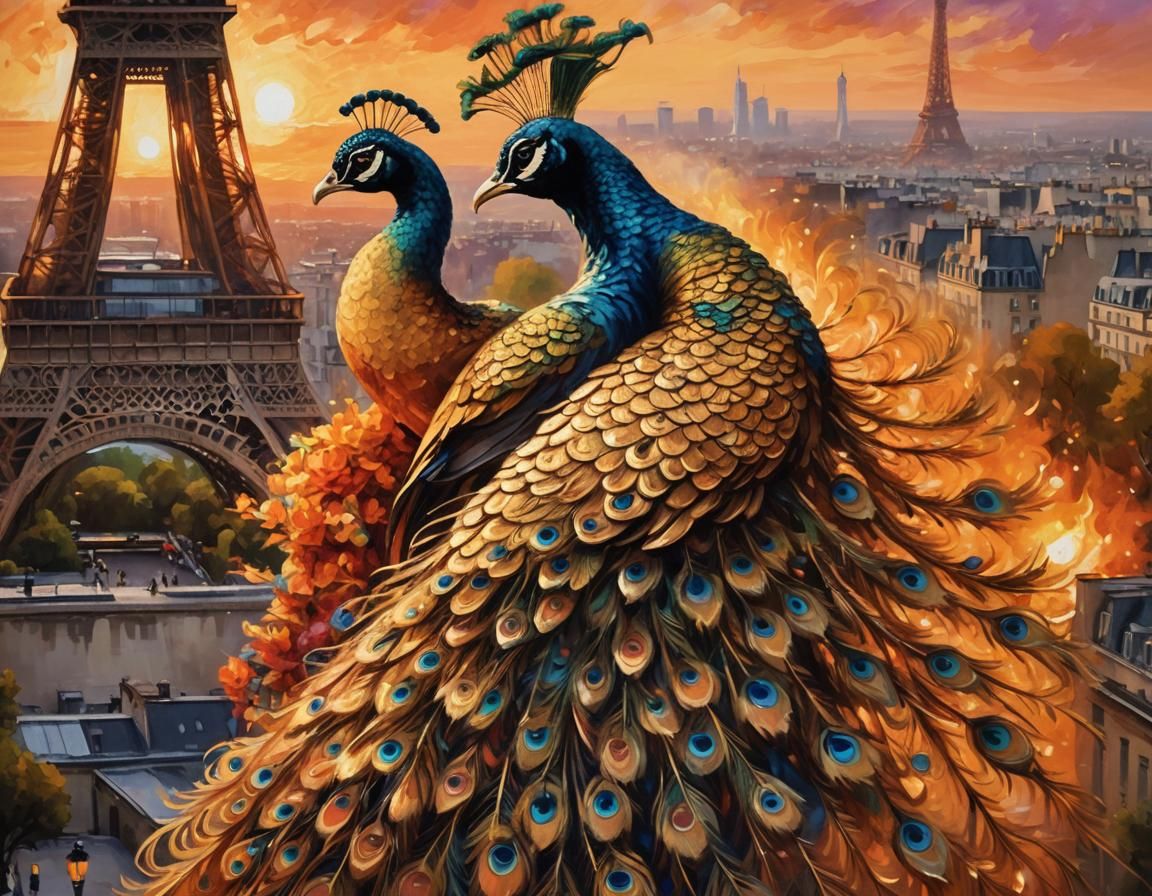 Golden Peacock in Paris: Vibrant Oil Painting