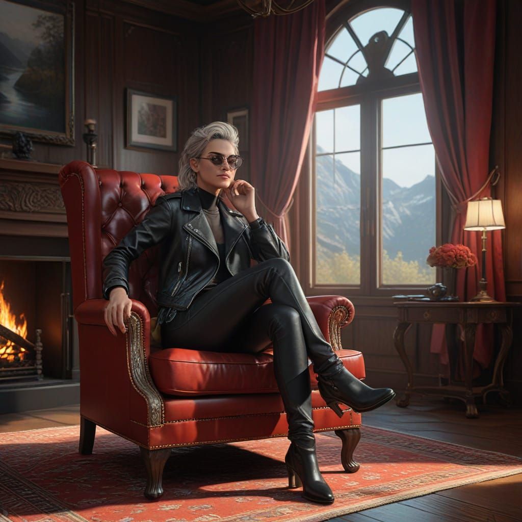 Regal Woman in Crimson Armchair, Leather Jacket and Pants, w...