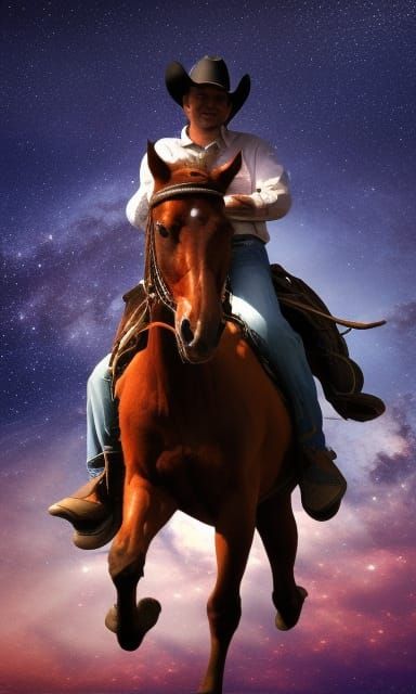 Cowboy brings his luggage, rides horse migrant in space, planet farm rent price too high