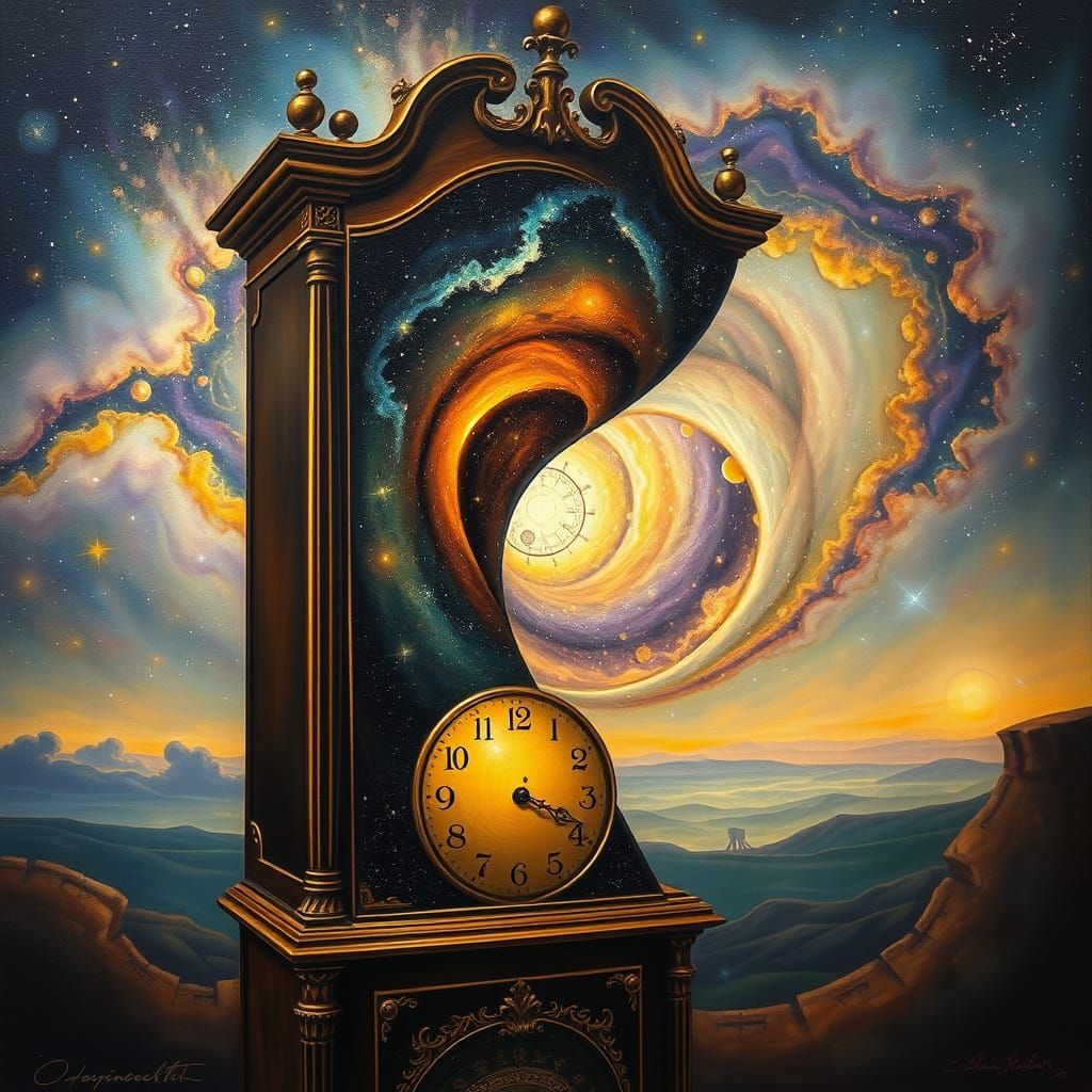 Surreal Clock Pendulum Transforms into Cosmic Funnel