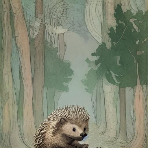Hedgehog Pooh Shouting in Forest, Folk Illustration