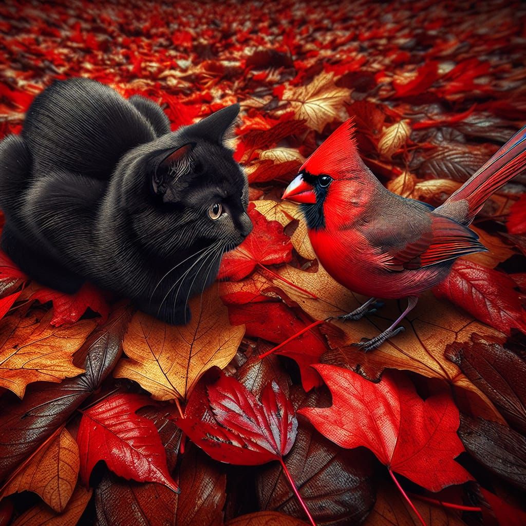 Hyperrealistic Kitten and Cardinal in Autumn Leaves