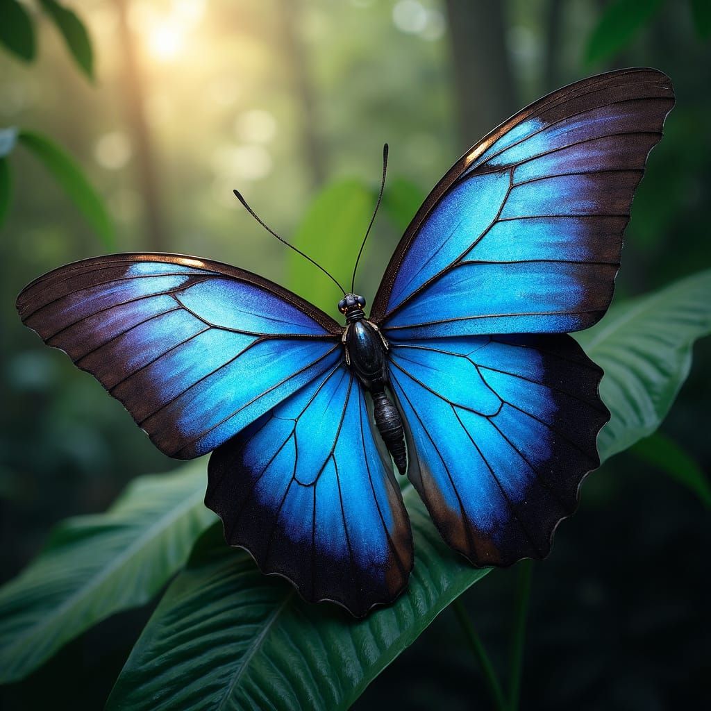 Hyper-Realistic Blue Morpho Butterfly in Tropical Forest