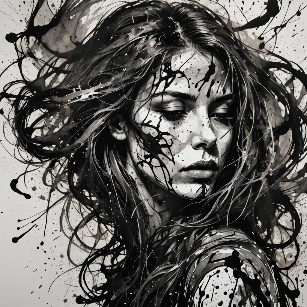 Expressive Ink Splatter Portrait of a Young Woman