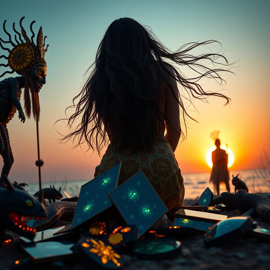 Surreal Goddess Unites Shattered Mirrors with Glowing Creatu...