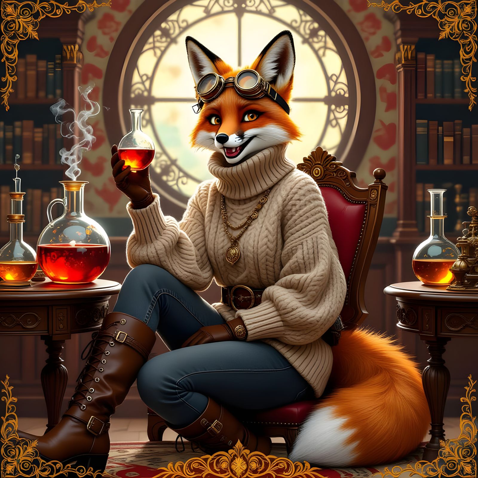 Steampunk Fox Alchemist in Art Nouveau Style