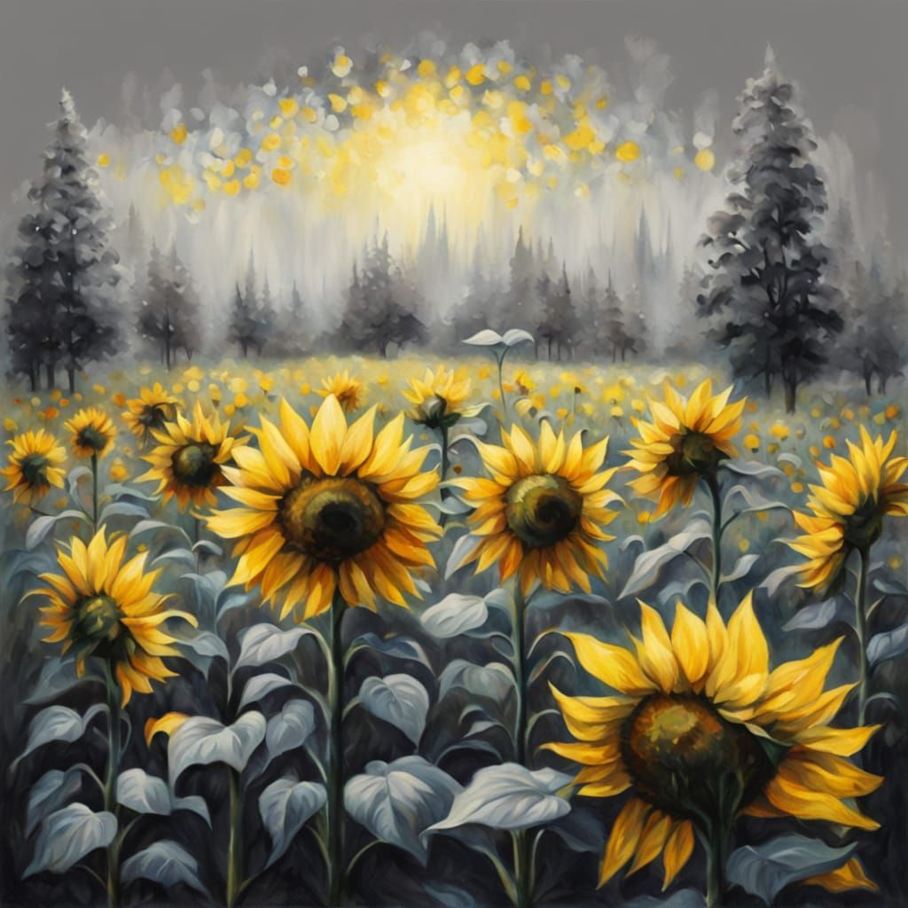 Ethereal Sunflower Field: Impasto Gouache, Watercolor