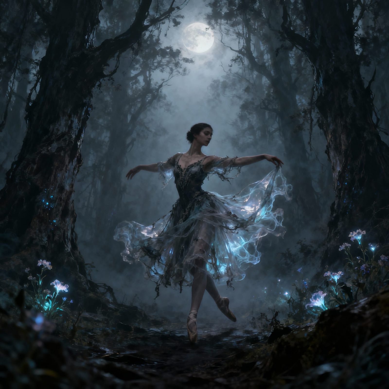 Ballerina Dances in Misty Forest: Dark Fantasy Art