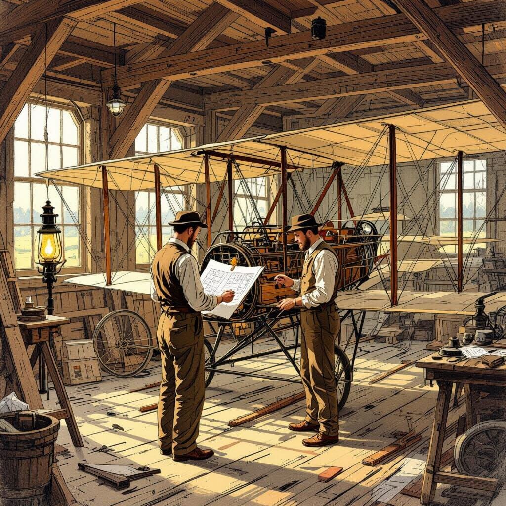 Wright Brothers Inventing First Plane in Workshop