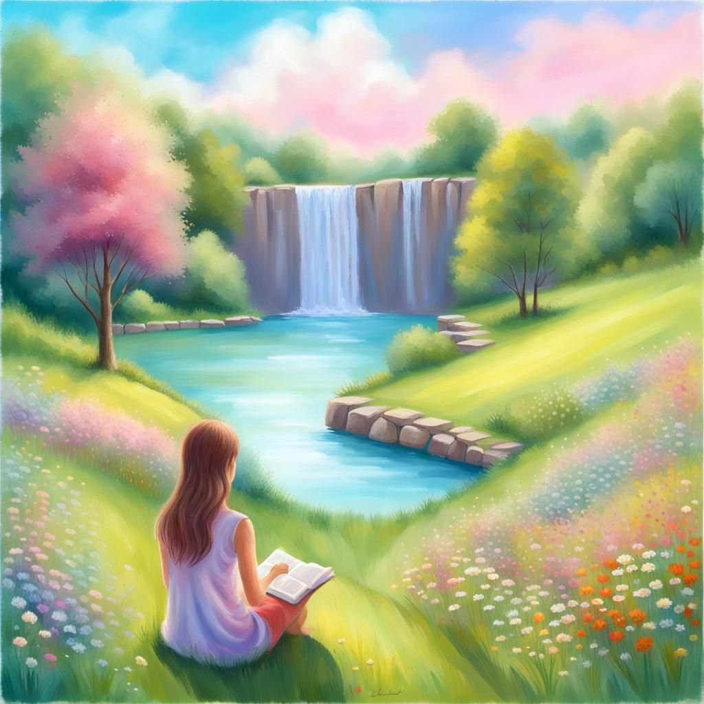 Pastel Drawing of Girl Reading in Serene Landscape