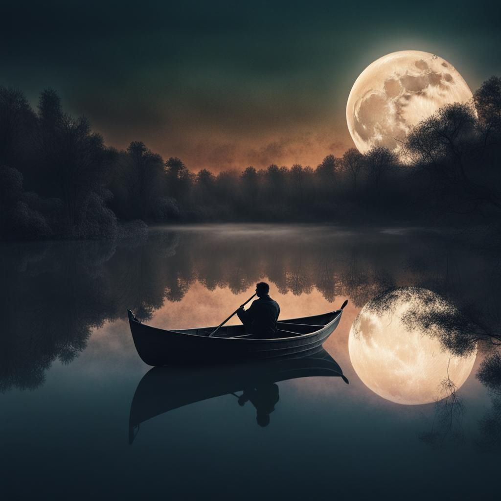 Double Exposure of Lake, Moon, and Boat Silhouette