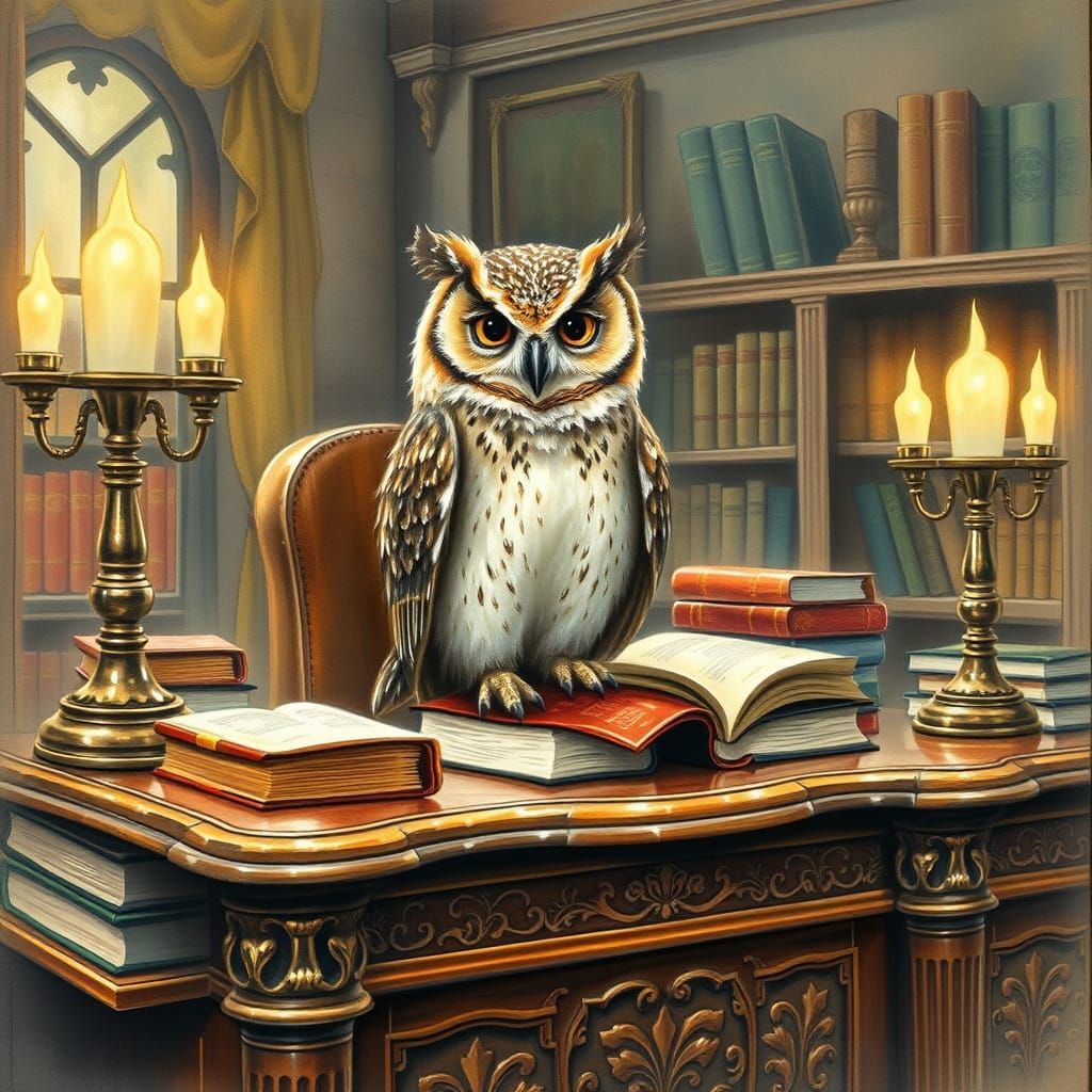 Enchanted Library Scene with Wise Owl