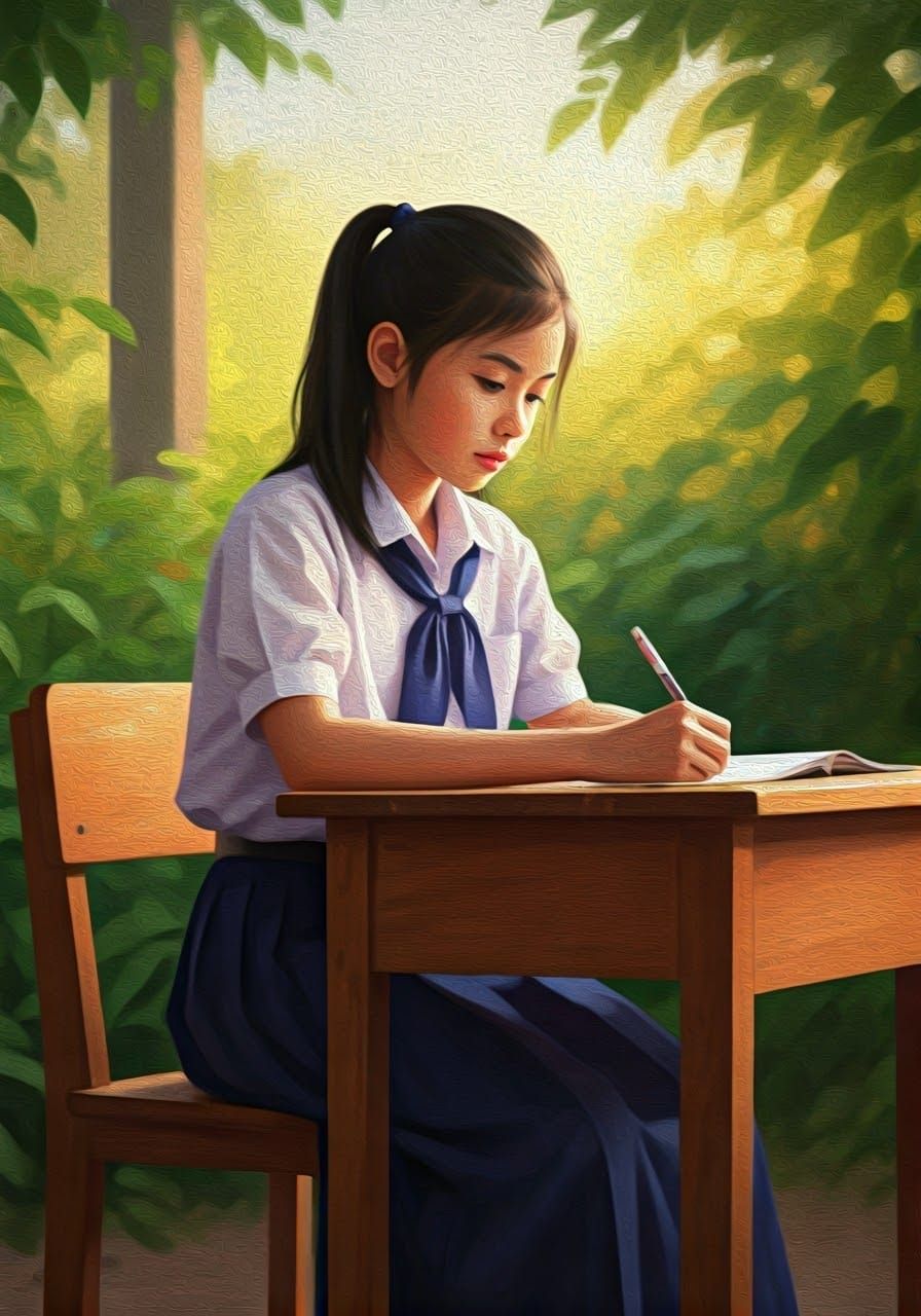 Thai Schoolgirl Oil Painting in Impressionist Style
