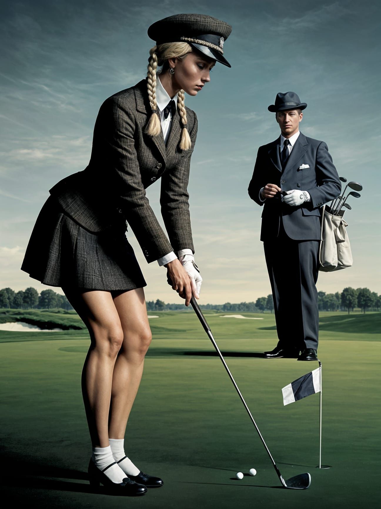 Woman Golfing in Dark Surrealist Magritte-Giacometti Style