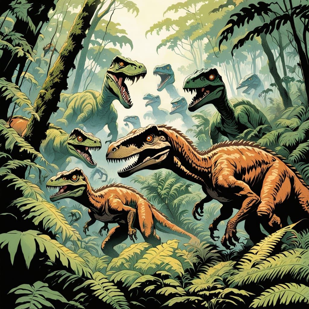Velociraptor Pack Hunts in Dense Jungle, Pulp Art