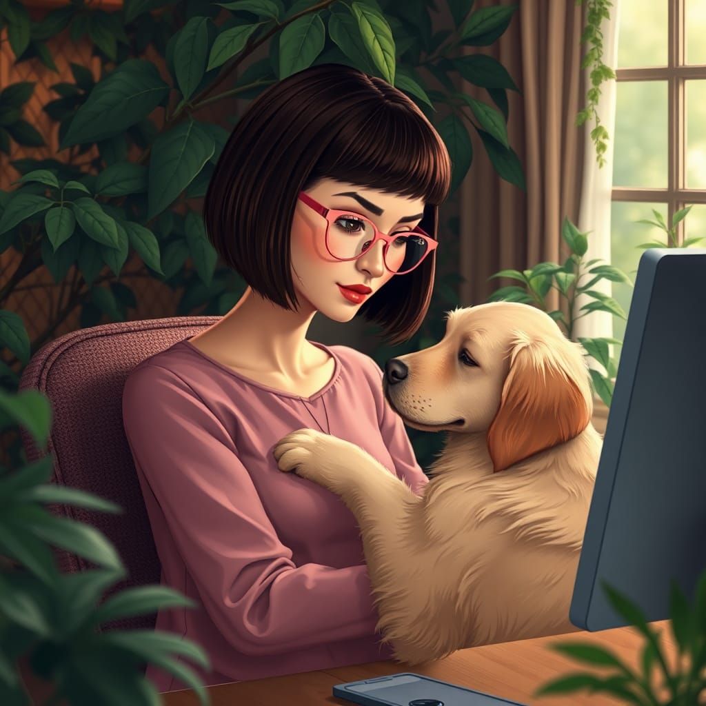 Woman Working Interrupted by Golden Retriever