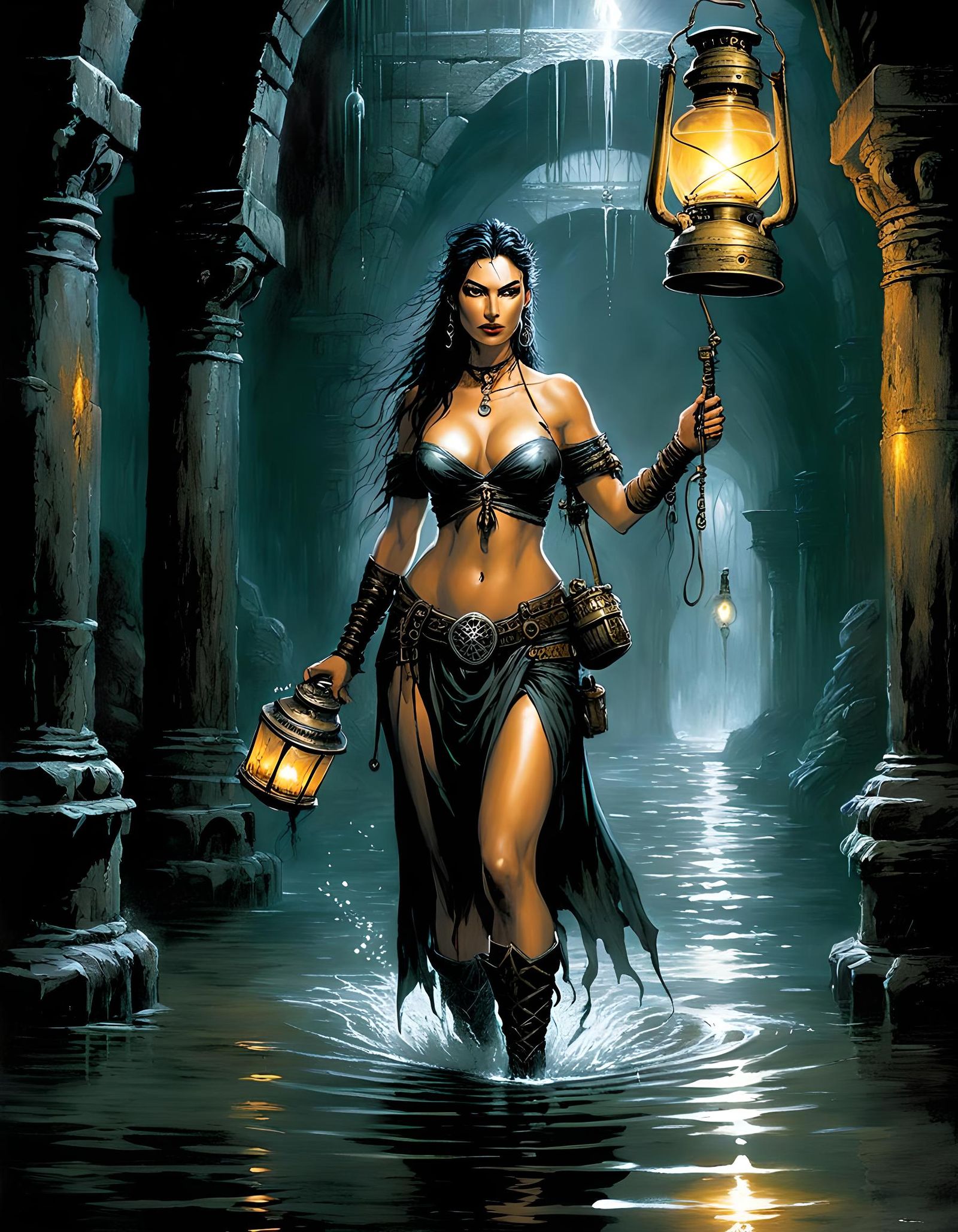 Adventuress in Flooded Dungeon, Dark Fantasy Illustration