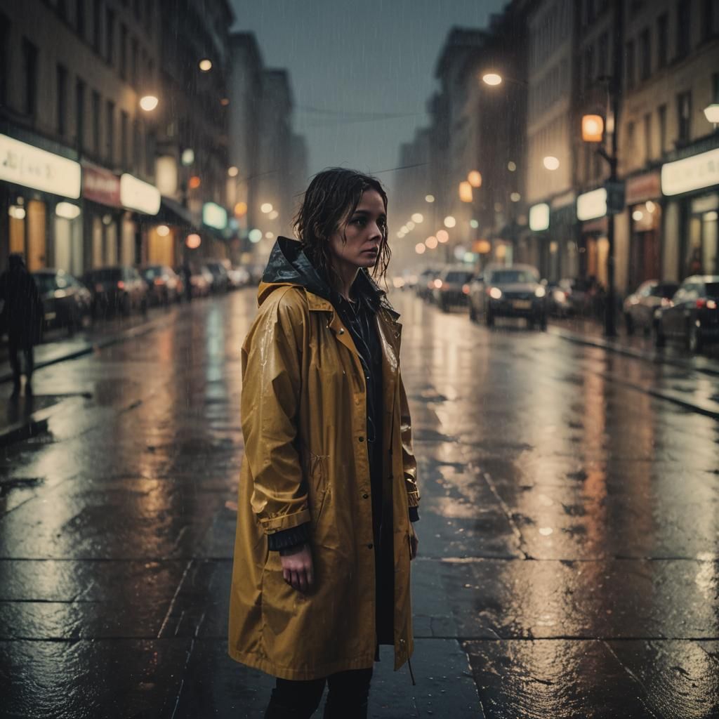 Woman in Raincoat on Rainy City Street