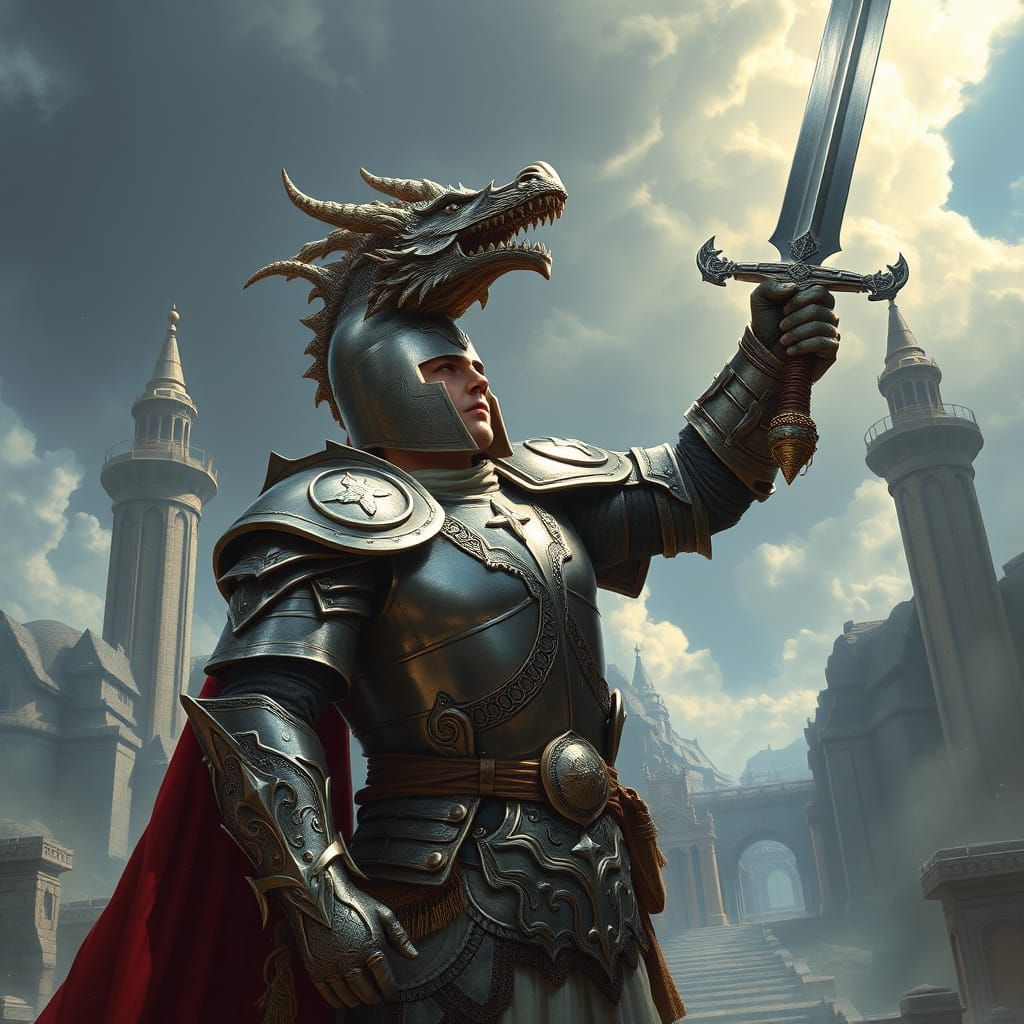 Heroic Paladin with Dragon Helm Raises Sword