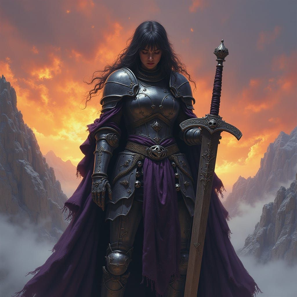 Majestic Female Knight of Despair in Fiery Fantasy Landscape
