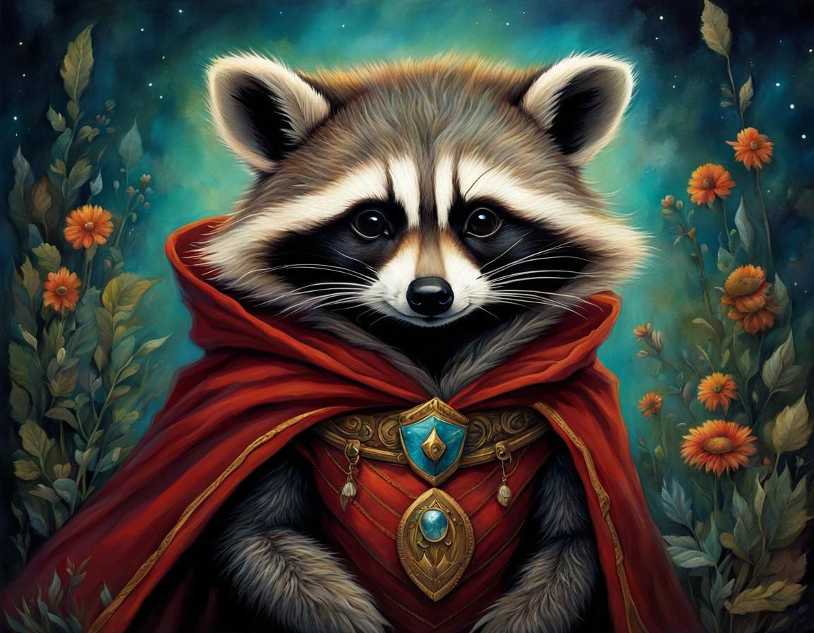 Superhero Raccoon Portrait in Storybook Art Style